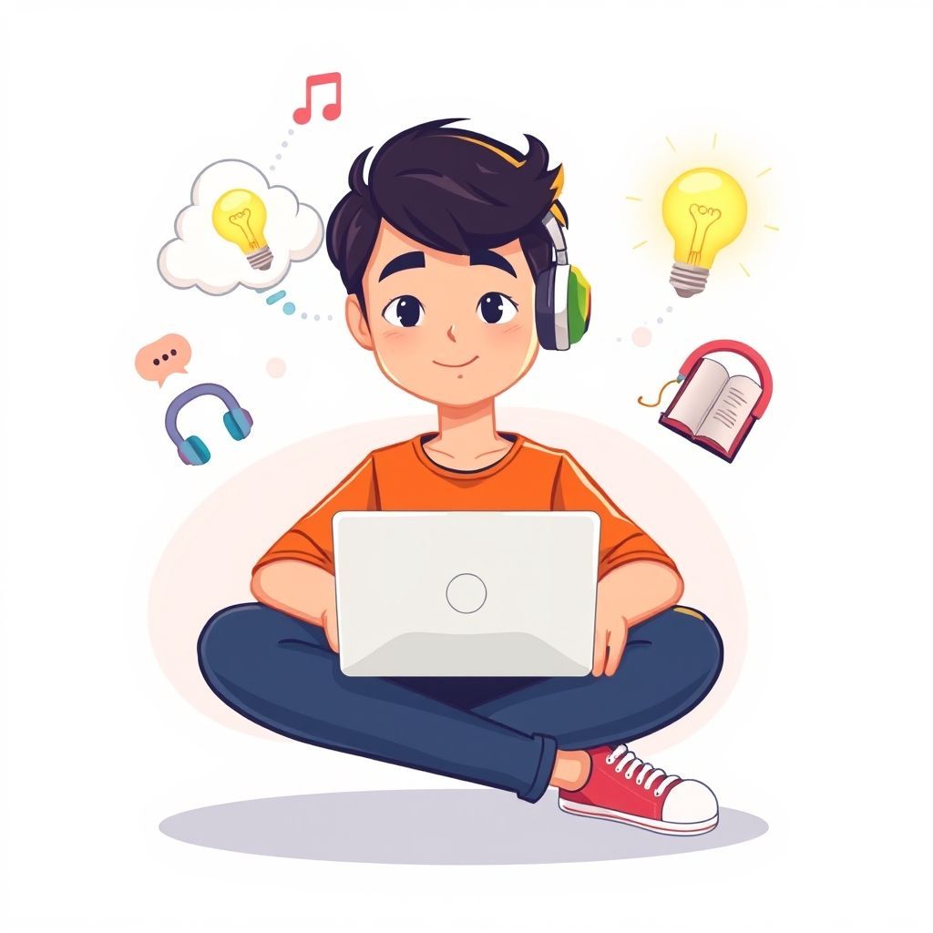 Sebuah gambar kartun cerah dan modern menampilkan seorang karakter (bisa pria atau wanita) sedang duduk dengan ekspresi fokus namun santai, dikelilingi oleh ikon-ikon digital yang melayang seperti laptop terbuka, tablet, buku digital, headphone, dan awan ide dengan simbol bohlam menyala. Latar belakangnya bersih dengan sedikit sentuhan warna pastel yang merepresentasikan konektivitas digital. Karakter tersebut terlihat rileks namun terlibat aktif dengan teknologi di sekitarnya, bukan kewalahan.
