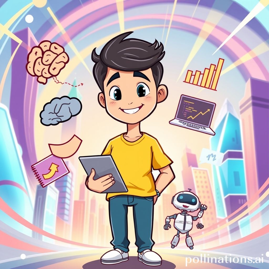 Sebuah gambar kartun ceria dan modern. Seorang individu berjenis kelamin netral (bisa laki-laki atau perempuan) mengenakan kemeja kasual, memegang sebuah tablet atau buku digital, berdiri di tengah pusaran ikon-ikon yang mewakili keterampilan masa depan: sebuah otak dengan roda gigi (berpikir kritis), tangan bersalaman (kolaborasi), laptop dengan kode pemrograman di layar, grafik data yang naik, dan sebuah robot kecil yang ramah. Latar belakangnya adalah lanskap kota futuristik yang cerah, menunjukkan optimisme. Gaya kartun yang ramah dan sedikit futuristik, dengan warna-warna cerah.