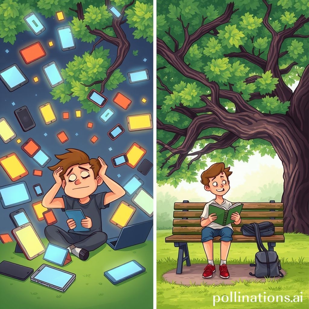 Sebuah gambar kartun dalam dua panel yang kontras. Panel pertama menampilkan seorang karakter yang terlihat stres dan kewalahan, dikelilingi oleh banyak layar perangkat digital yang bersinar terang (ponsel, tablet, laptop) dengan notifikasi yang berhamburan. Di panel kedua, karakter yang sama kini terlihat damai dan tersenyum, duduk di bangku taman yang asri di bawah pohon rindang, membaca buku fisik atau menikmati alam, dengan perangkat digitalnya tersimpan rapi di dalam tas yang tertutup di sampingnya.