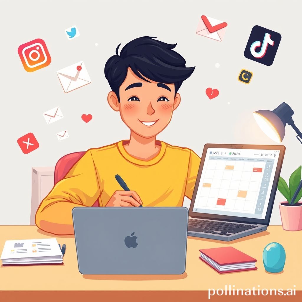 Sebuah gambar kartun digital yang cerah dan modern. Karakter utama adalah seorang pria atau wanita muda yang tersenyum tenang, duduk di meja kerja yang bersih. Di sekelilingnya, elemen-elemen digital seperti ikon aplikasi media sosial (Instagram, X, TikTok), ikon email, dan notifikasi telepon melayang-layang tetapi terlihat kecil dan tidak mengganggunya. Di depannya ada laptop dengan tampilan kalender digital atau aplikasi to-do list yang tertata rapi. Tangan karakter sedang menulis di buku catatan fisik atau menunjuk ke kalender digital, menunjukkan fokus dan kendali. Warna-warna cerah dan ekspresi wajah yang damai menunjukkan efisiensi dan ketenangan di tengah hiruk pikuk digital.