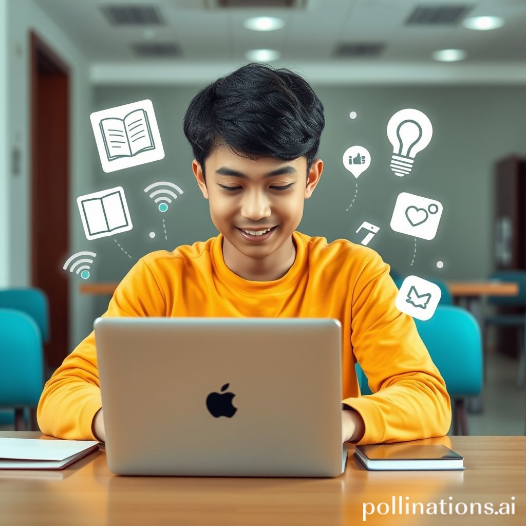 Sebuah gambar kartun yang ceria dan penuh warna. Menampilkan seorang siswa atau siswi muda yang sedang tersenyum, duduk di meja dengan laptop di depannya. Di sekitar kepalanya atau laptopnya, ada gelembung-gelembung representasi digital seperti ikon buku digital, grafik, simbol WiFi, ikon lampu bohlam (ide), dan sedikit sentuhan ikon media sosial yang 