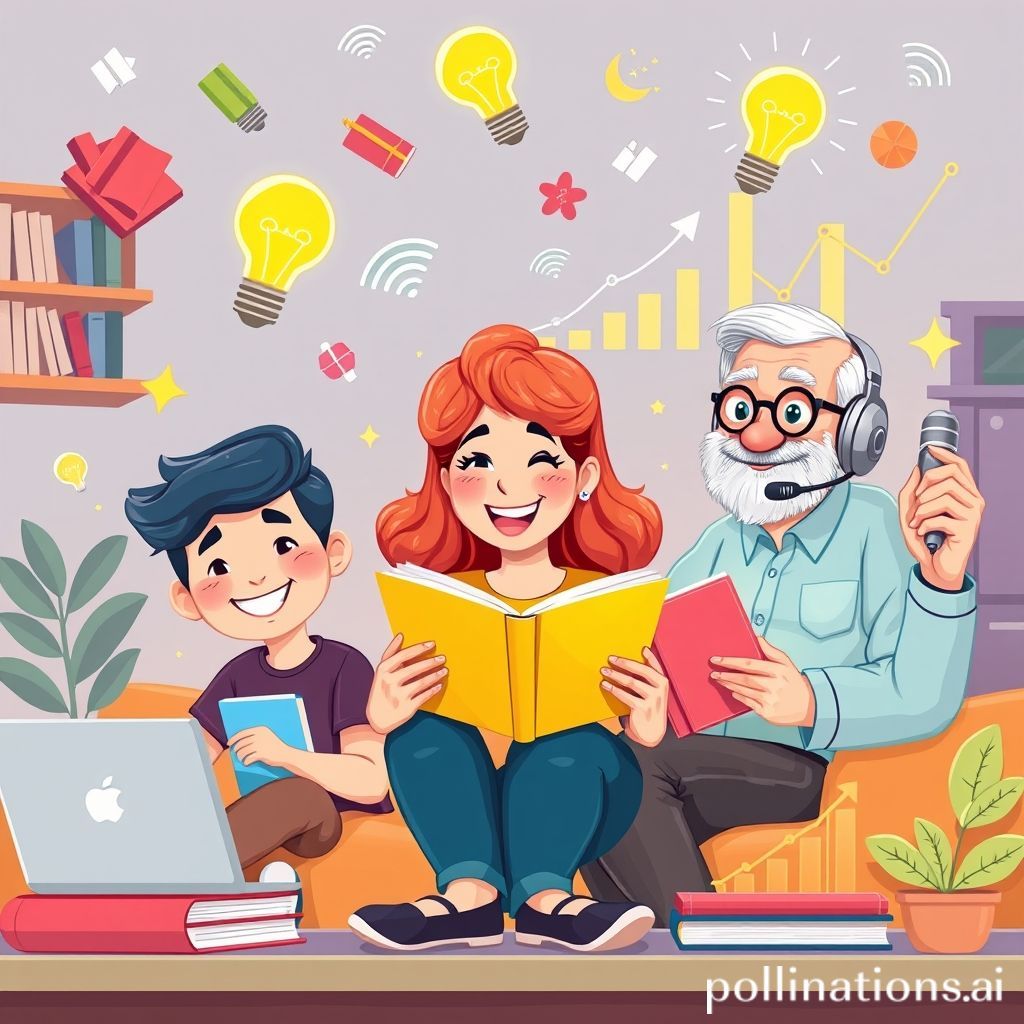 Sebuah gambar kartun yang ceria dan penuh warna. Tampilkan beberapa orang dari berbagai usia dan latar belakang (seorang anak muda dengan laptop, seorang wanita paruh baya membaca buku fisik, seorang pria yang lebih tua mendengarkan podcast melalui headphone). Mereka semua tersenyum dan tampak antusias, dikelilingi oleh elemen-elemen yang melambangkan pengetahuan dan pertumbuhan, seperti buku terbang, ikon bola lampu menyala, simbol Wi-Fi, dan grafik pertumbuhan yang positif. Latar belakangnya bisa berupa ruang belajar yang modern dan nyaman dengan sedikit sentuhan teknologi futuristik (seperti hologram kecil), menggambarkan suasana belajar yang menyenangkan dan tanpa batas.