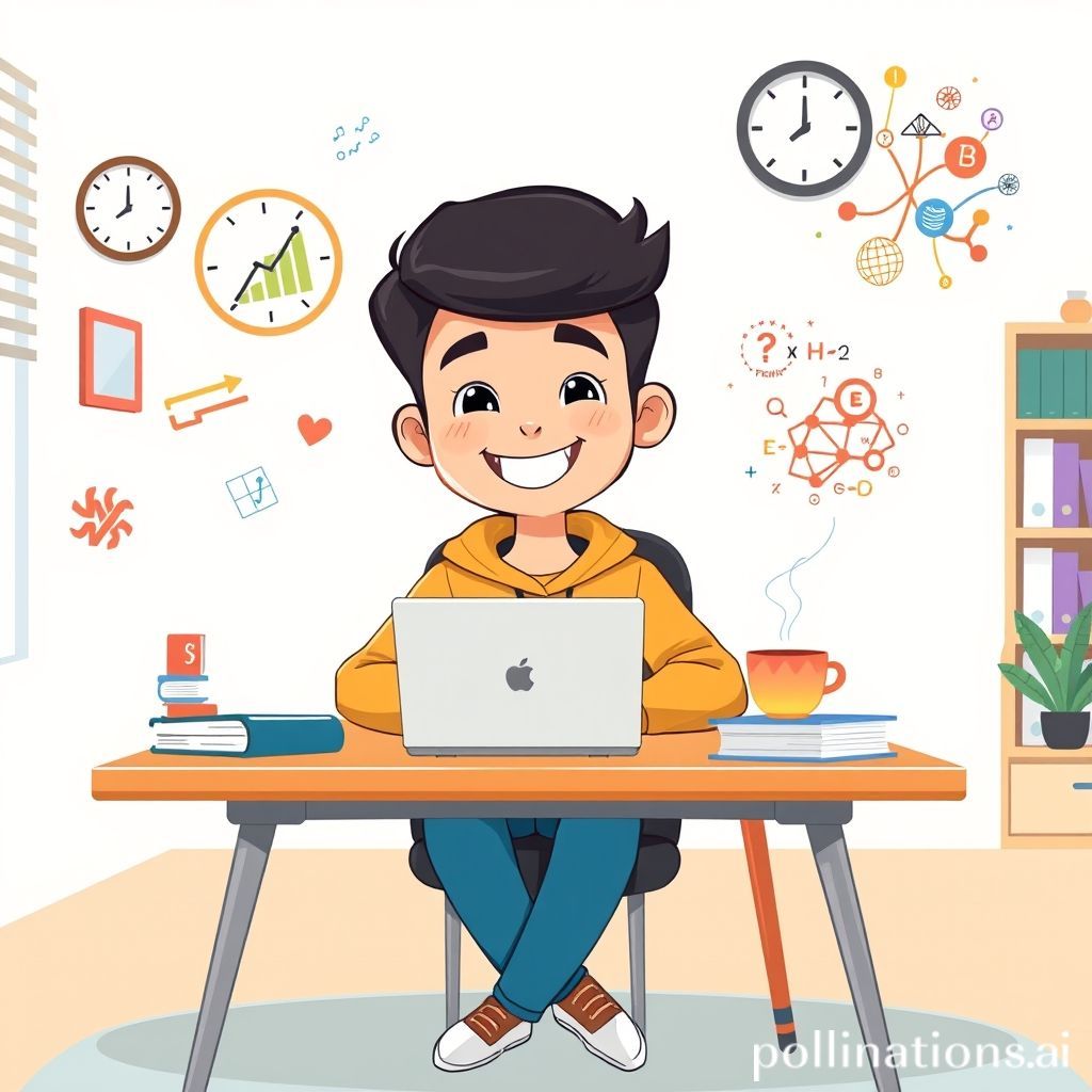 Sebuah gambar kartun yang ceria menunjukkan seorang pelajar (bisa laki-laki atau perempuan, usia remaja/kuliah) duduk di meja belajar yang rapi. Pelajar tersebut terlihat sangat fokus dan bersemangat, dengan senyum di wajahnya. Di sekelilingnya, ada ikon-ikon yang melambangkan produktivitas dan teknologi: laptop dengan grafik 