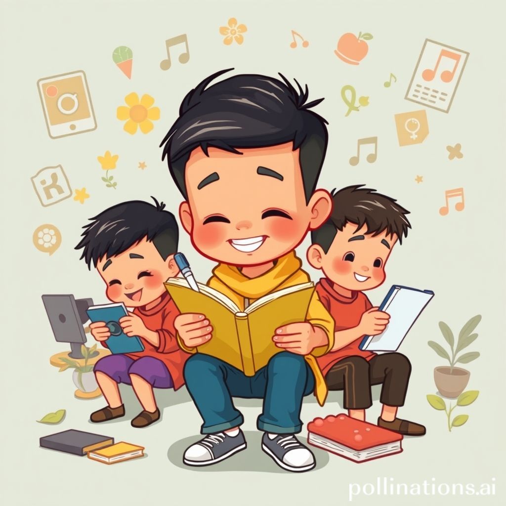 Sebuah gambar kartun yang ceria. Di tengah, ada seorang karakter yang sedang tersenyum lebar sambil memegang buku catatan dan pensil (melambangkan menulis). Di sekelilingnya, ada karakter-karakter kartun lain yang juga tampak bahagia dan sibuk dengan hobi produktif mereka: satu sedang memotret dengan kamera, satu sedang menanam bibit di pot kecil, satu sedang melukis di tablet digital, dan satu lagi sedang memanggang kue. Latar belakangnya cerah dengan elemen-elemen seperti ikon komputer, tanaman, dan note musik, menunjukkan suasana yang inspiratif dan multi-talenta.