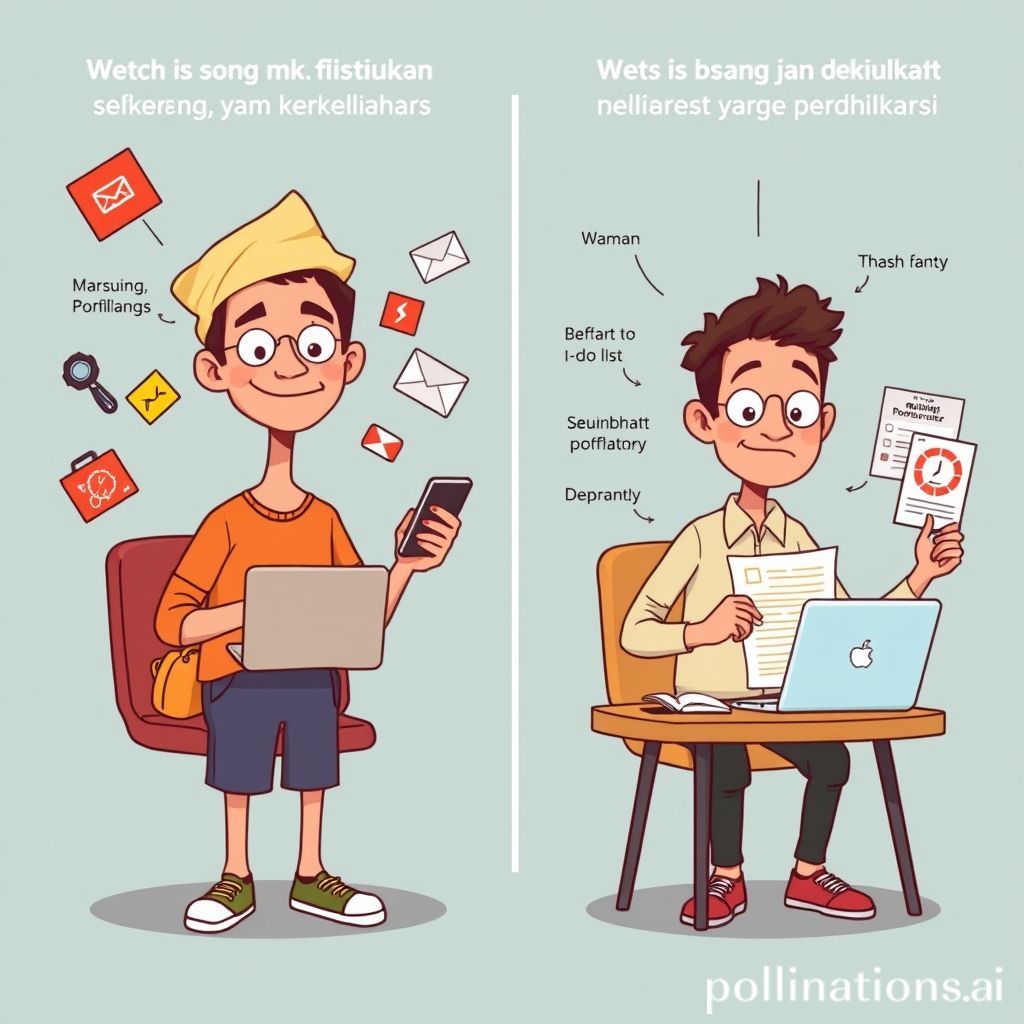 Sebuah gambar kartun yang lucu dan edukatif. Di sisi kiri, digambarkan seorang siswa atau pekerja muda yang kewalahan, dikelilingi oleh banyak notifikasi digital yang terbang di sekelilingnya (pesan, email, ikon media sosial), wajahnya sedikit cemas atau bingung, dengan banyak gadget di depannya (laptop, ponsel). Di sisi kanan, digambarkan orang yang sama namun terlihat lebih tenang dan fokus. Di depannya ada daftar to-do list yang rapi, sebuah jam timer (mungkin pomodoro), dan perangkatnya terlihat minim notifikasi. Ada aura produktivitas yang damai. Latar belakang menunjukkan transisi dari kekacauan digital ke keteraturan.