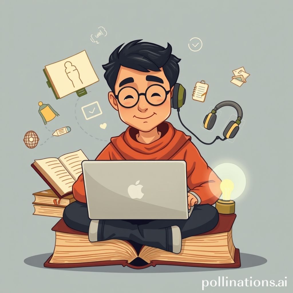 Sebuah gambar kartun yang menggambarkan seorang karakter dewasa yang ramah dan bijaksana (mungkin terlihat seperti guru) dengan kacamata, duduk di depan laptop. Di sekelilingnya, ada balon-balon ide dan ikon-ikon yang melayang, seperti buku terbuka, tablet dengan grafik, headset untuk podcast, dan bola lampu menyala. Latar belakangnya adalah rak buku yang ditransformasi menjadi sebuah pohon pengetahuan digital, dengan akar-akar yang terhubung ke ikon-ikon teknologi. Warna cerah dan inspiratif.
