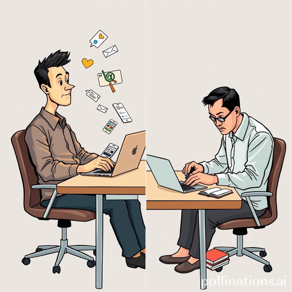 Sebuah gambar kartun yang menggambarkan seorang pekerja atau pelajar. Di panel kiri, ia terlihat kewalahan, dikelilingi oleh gelembung notifikasi (telepon, media sosial, email) yang berkedip-kedip dari laptop, smartphone, dan tablet di mejanya yang berantakan. Wajahnya cemberut dan mata melotot. Di panel kanan, orang yang sama kini tersenyum tenang, duduk di meja yang rapi hanya dengan laptop. Notifikasi telah hilang, digantikan oleh aura fokus dan produktivitas. Beberapa buku atau pena terlihat tersusun rapi, dan mungkin ada secangkir kopi mengepul yang melambangkan ketenangan.
