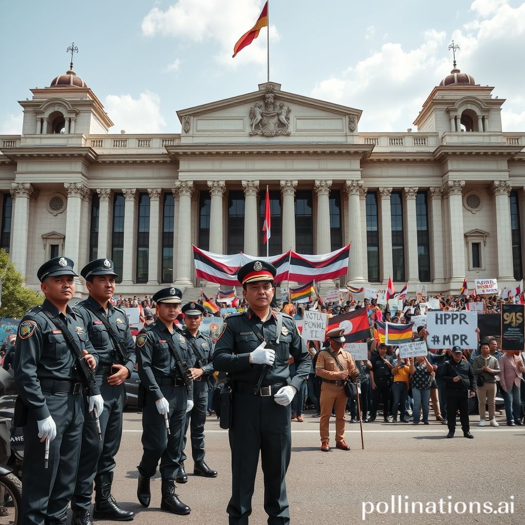 Sebuah gambar komposit yang menampilkan barisan personel keamanan (Polri, TNI, Satpol PP) dalam seragam lengkap sedang berjaga di depan gedung DPR/MPR yang megah. Di latar belakang, terlihat kerumunan massa demonstran yang membawa spanduk dengan tertib, menunjukkan suasana yang terkendali dan damai. Visual ini menekankan kesiapsiagaan aparat dalam menjaga ketertiban umum.