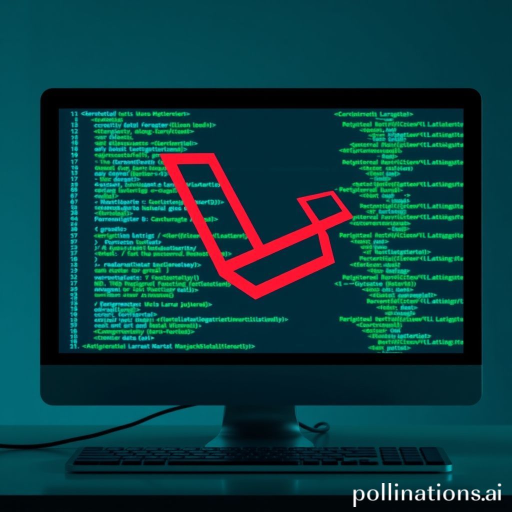 Sebuah gambar visual yang menarik, menampilkan baris-baris kode pada layar komputer, dengan logo Laravel yang terintegrasi secara halus. Latar belakang menunjukkan representasi abstrak dari aliran data dan konektivitas jaringan global, simbolisasi sebuah RESTful API. Warna dominan biru dan hijau, memberikan nuansa teknologi modern dan efisiensi.