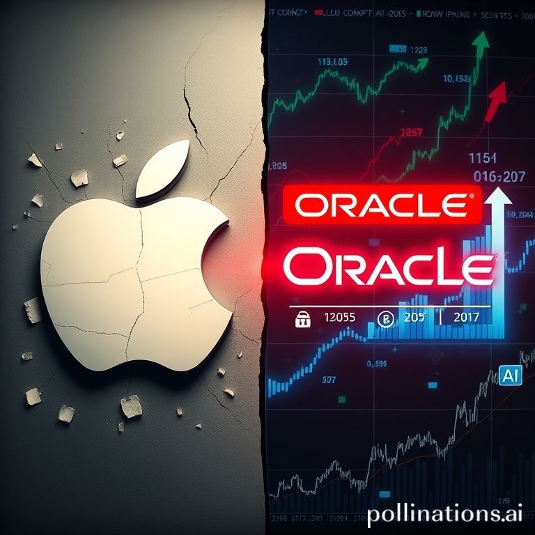 Gambar metaforis yang menampilkan logo Apple yang stagnan berlawanan dengan logo Oracle yang meroket, dengan latar belakang data ekonomi berfluktuasi.