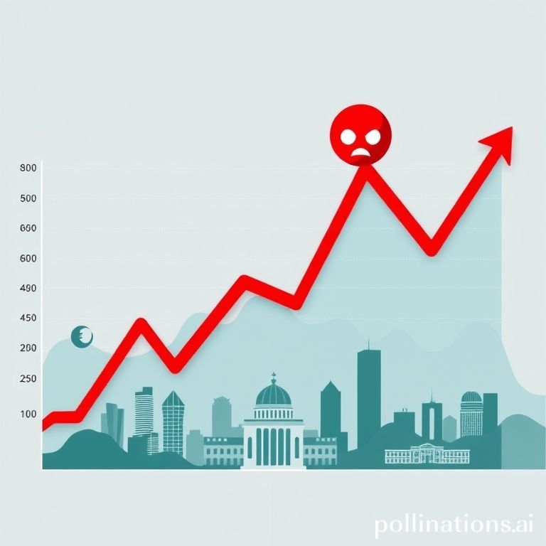 Sebuah grafik garis yang menunjukkan fluktuasi tajam, dengan beberapa simbol mata uang (seperti dolar, euro, yen, rupiah) dan tanda panah naik-turun yang dramatis. Di latar belakang, ada siluet kota dan logo bank sentral yang samar, menunjukkan ketegangan dan dampak pasar yang diakibatkan oleh rilis data ekonomi penting seperti CPI. Warna-warna cerah dan kontras digunakan untuk menarik perhatian dan menonjolkan pergerakan harga yang cepat. Ada juga ikon kepala panik atau kaget yang melayang di atas grafik.