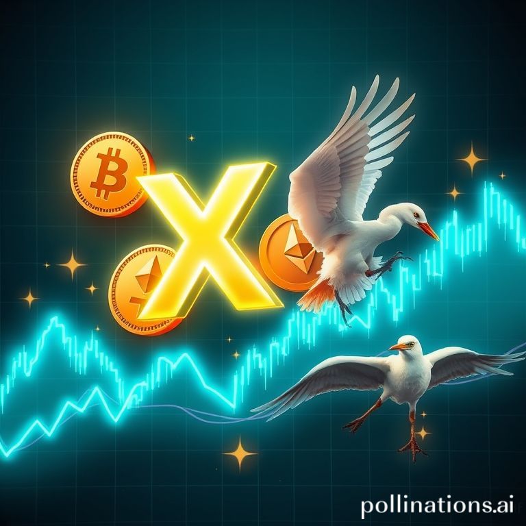 Sebuah ilustrasi digital yang energik menampilkan grafik trading cryptocurrency yang naik turun, di latar depan ada ikon koin Bitcoin dan Ethereum. Di tengah, ada simbol 