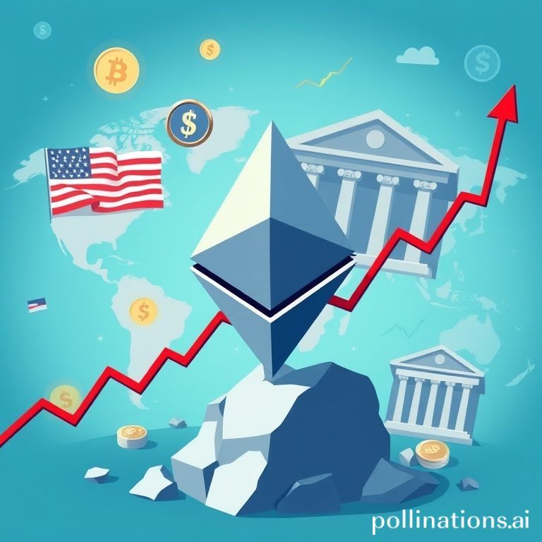 Grafik candlestick Ethereum menunjukkan penurunan harga yang signifikan di bawah $4,000, dengan latar belakang data pasar keuangan yang dinamis dan fluktuatif.