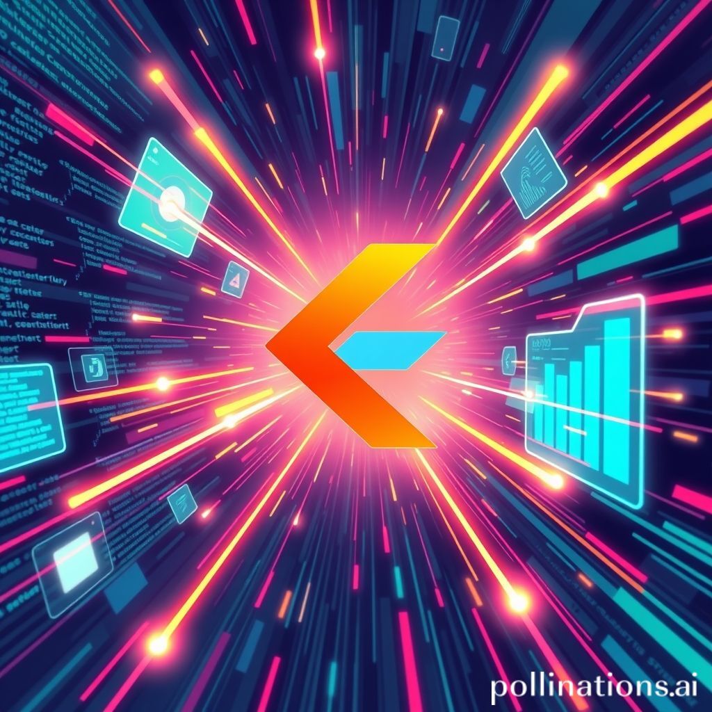 Sebuah ilustrasi digital yang menampilkan logo Flutter di tengah, dikelilingi oleh elemen grafis yang menunjukkan kecepatan, optimasi, dan grafik performa yang meningkat. Ada efek kilatan atau garis gerak untuk menekankan kecepatan. Warna cerah dan nuansa teknologi dengan latar belakang lingkungan coding atau pengembangan.
