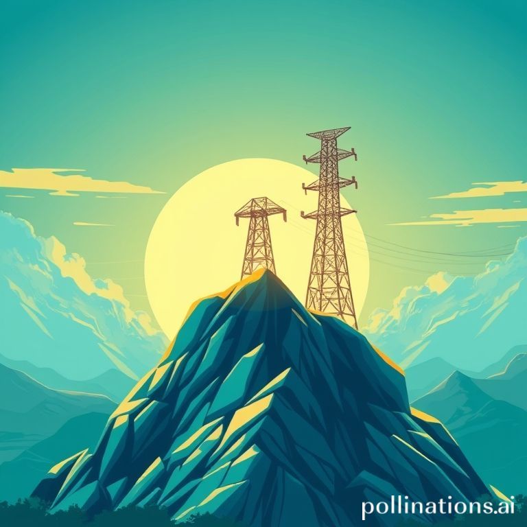 Sebuah ilustrasi digital yang menggabungkan elemen grafik saham yang naik turun dengan tumpukan batu bara. Di latar belakang, ada siluet menara pembangkit listrik atau turbin angin, melambangkan transisi energi. Nuansa warna biru dan hijau mendominasi, dengan sentuhan kuning keemasan dari batu bara dan grafis. Gaya visual modern dan dinamis, menarik bagi Gen Z, mungkin dengan sedikit efek neon.