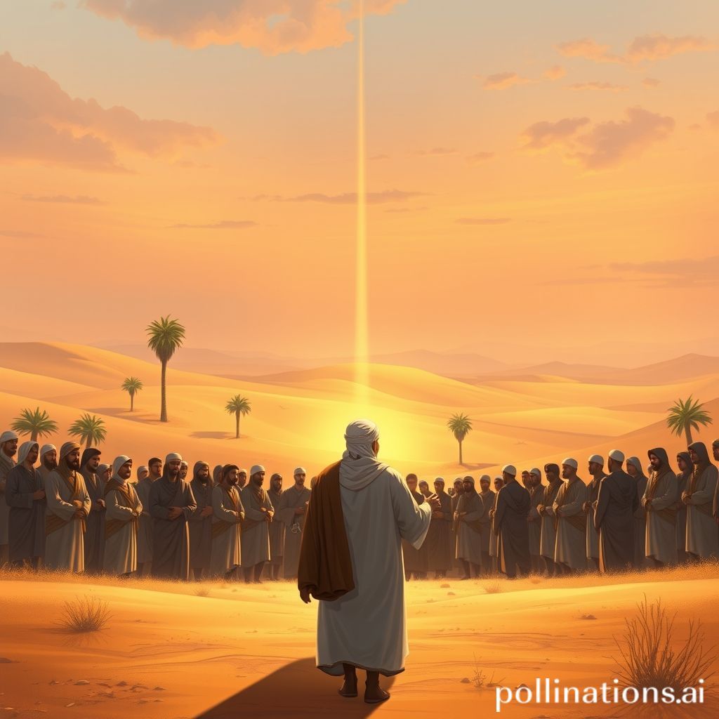 Sebuah ilustrasi digital yang menggambarkan Nabi Muhammad SAW sedang memimpin Shalat Jumat pertama di Lembah Ranuna, dengan para sahabat di belakangnya, latar belakang gurun dan beberapa pohon kurma, dengan nuansa historis dan sedikit sentuhan cahaya Ilahi.