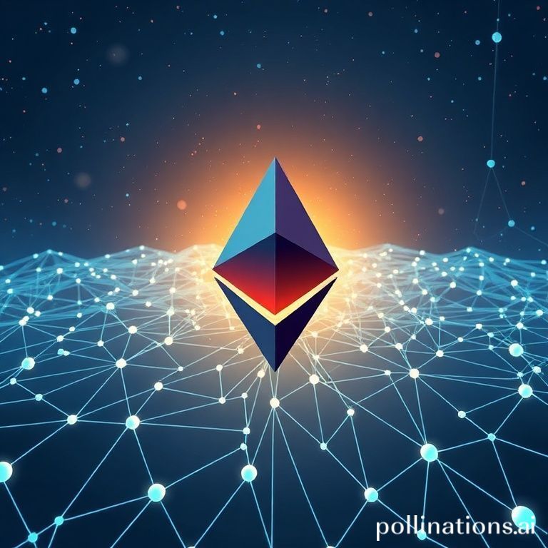 Ilustrasi futuristik jaringan Ethereum dengan pohon Verkle sebagai inti, melambangkan efisiensi data dan skalabilitas.
