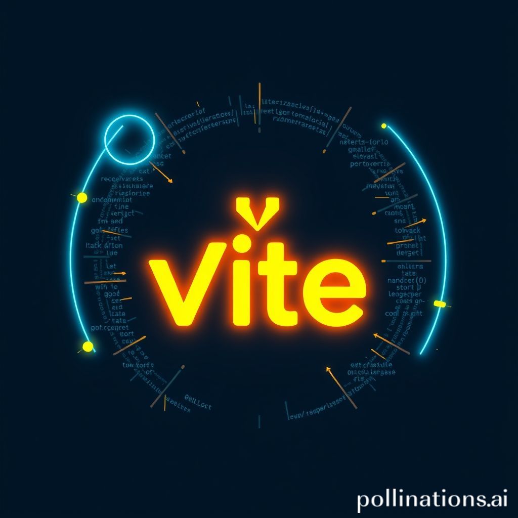 Sebuah ilustrasi digital yang menggambarkan logo Vite (ikon kilat/petir) di tengah, dikelilingi oleh elemen-elemen kode JavaScript, simbol kecepatan, dan grafik yang menunjukkan performa tinggi. Latar belakang berwarna biru atau ungu gelap dengan efek cahaya neon, menekankan inovasi dan kecepatan dalam pengembangan web yang efisien.