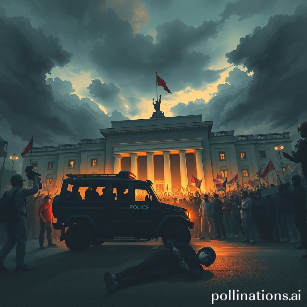 Sebuah ilustrasi dramatis yang menampilkan keramaian demo di depan Gedung DPR RI. Di latar depan, sebuah kendaraan taktis polisi terlihat di tengah kerumunan, dengan siluet seorang pengemudi ojek online (ojol) tergeletak di dekatnya, mengindikasikan insiden tragis. Atmosfer menunjukkan ketegangan dan keprihatinan, dengan beberapa demonstran dan petugas keamanan di latar belakang. Langit mendung atau suasana sendu melengkapi kesan serius dari kejadian tersebut.