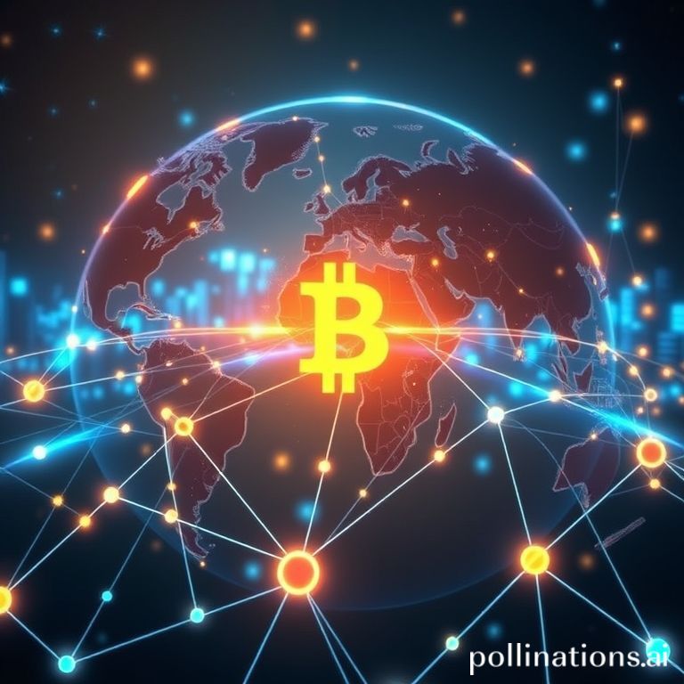 Visualisasi jaringan blockchain global yang terintegrasi dengan sistem perbankan tradisional, menunjukkan inovasi SWIFT dalam pembayaran lintas batas yang aman dan efisien.