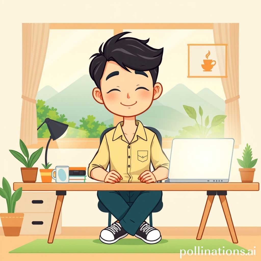 Sebuah ilustrasi kartun cerah dan positif. Di tengah, ada seorang karakter yang tersenyum tenang, mungkin seorang pria atau wanita dengan pakaian semi-formal namun santai, sedang duduk di meja kerja yang rapi namun ada unsur alam di sekitarnya (tanaman pot kecil atau jendela dengan pemandangan hijau). Di satu sisi, ada laptop atau tablet yang menyala tapi seolah ada penghalang lembut (aura ketenangan) di sekitarnya, menandakan batasan digital. Di sisi lain, ada elemen yang mewakili istirahat atau hobi, seperti cangkir kopi mengepul, buku, atau simbol meditasi. Latar belakang menunjukkan perpaduan elemen digital (ikon notifikasi kecil yang tidak mengganggu) dan alam (pemandangan pegunungan atau hutan mini), menyiratkan keseimbangan. Gaya kartun yang ramah dan inspiratif.