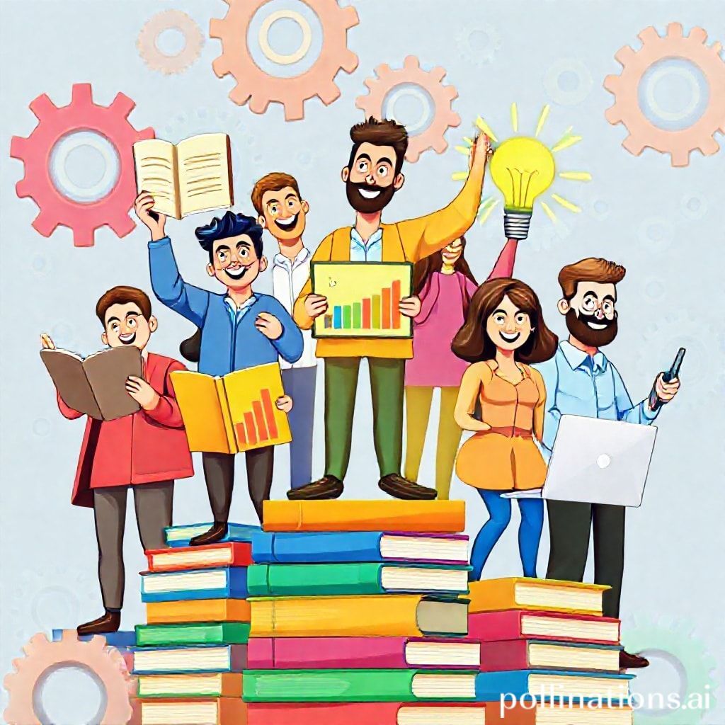 Sebuah ilustrasi kartun ceria yang menampilkan seorang pria dan wanita dewasa dari berbagai usia dan latar belakang, masing-masing dengan ekspresi antusias, memegang berbagai objek yang melambangkan pembelajaran: seorang memegang buku terbuka, seorang lagi dengan tablet yang menampilkan grafik, seorang memegang ikon bohlam ide, dan yang lain sedang mengetik di laptop. Mereka berdiri di atas tumpukan buku dan modul pembelajaran, dengan latar belakang roda gigi yang bergerak, melambangkan dunia yang dinamis dan inovatif. Gaya kartun modern dan penuh warna.
