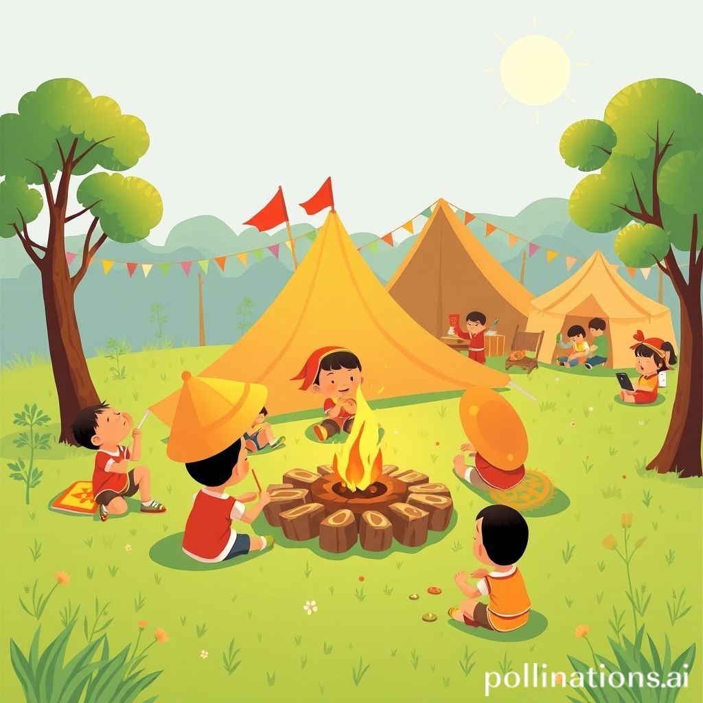 Sebuah ilustrasi kartun ceria yang menunjukkan puluhan anggota Pramuka anak-anak dan remaja dari berbagai daerah di Indonesia, mengenakan seragam Pramuka lengkap dengan atributnya. Mereka sedang melakukan berbagai aktivitas khas Jambore di sebuah area perkemahan yang hijau. Terlihat tenda-tenda warna-warni, api unggun kecil yang menyala, dan beberapa anak sedang belajar tali-temali, sementara yang lain bermain games tradisional atau tertawa riang. Di latar belakang, terlihat pohon-pohon rindang dan langit biru yang cerah. Suasana digambarkan penuh semangat kebersamaan dan keceriaan.