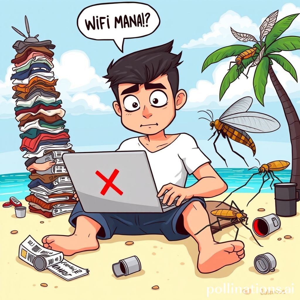 Sebuah ilustrasi kartun satir menampilkan seorang pemuda/pemudi berpenampilan trendi duduk di pantai eksotis dengan laptop di pangkuan. Namun, ekspresi wajahnya sangat stres dan panik. Di layar laptop, ikon sinyal hilang (X besar) terlihat jelas. Di sekelilingnya ada beberapa objek yang menunjukkan realitas pahit: tumpukan cucian kotor, tumpukan tagihan listrik atau internet yang belum dibayar, seekor nyamuk raksasa yang sedang menggigit kakinya, dan kaleng kopi kosong berserakan. Sebuah <i>speech bubble</i> kecil di atas kepalanya bertuliskan 