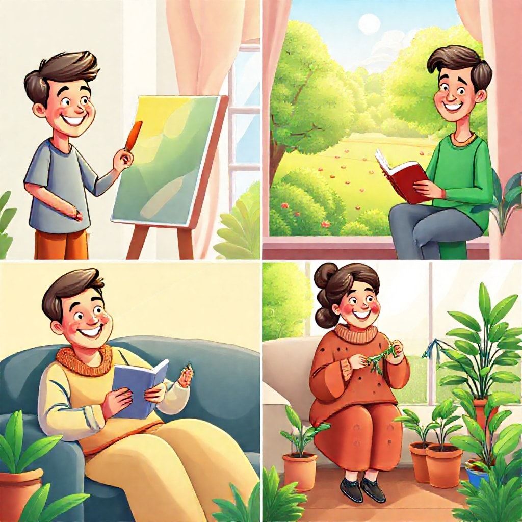 Sebuah ilustrasi kartun yang cerah dan berwarna-warni menampilkan beberapa karakter orang dewasa yang beragam (laki-laki, perempuan, berbagai etnis) terlibat dalam berbagai hobi di tempat yang berbeda. Contohnya, satu orang sedang melukis dengan kuas, satu lagi sedang membaca buku di taman, seorang sedang merajut di sofa, dan satu lagi sedang menyiram tanaman pot. Mereka semua terlihat tersenyum dan rileks, memancarkan kebahagiaan dan kepuasan. Latar belakang menunjukkan perpaduan elemen alam dan dalam ruangan.