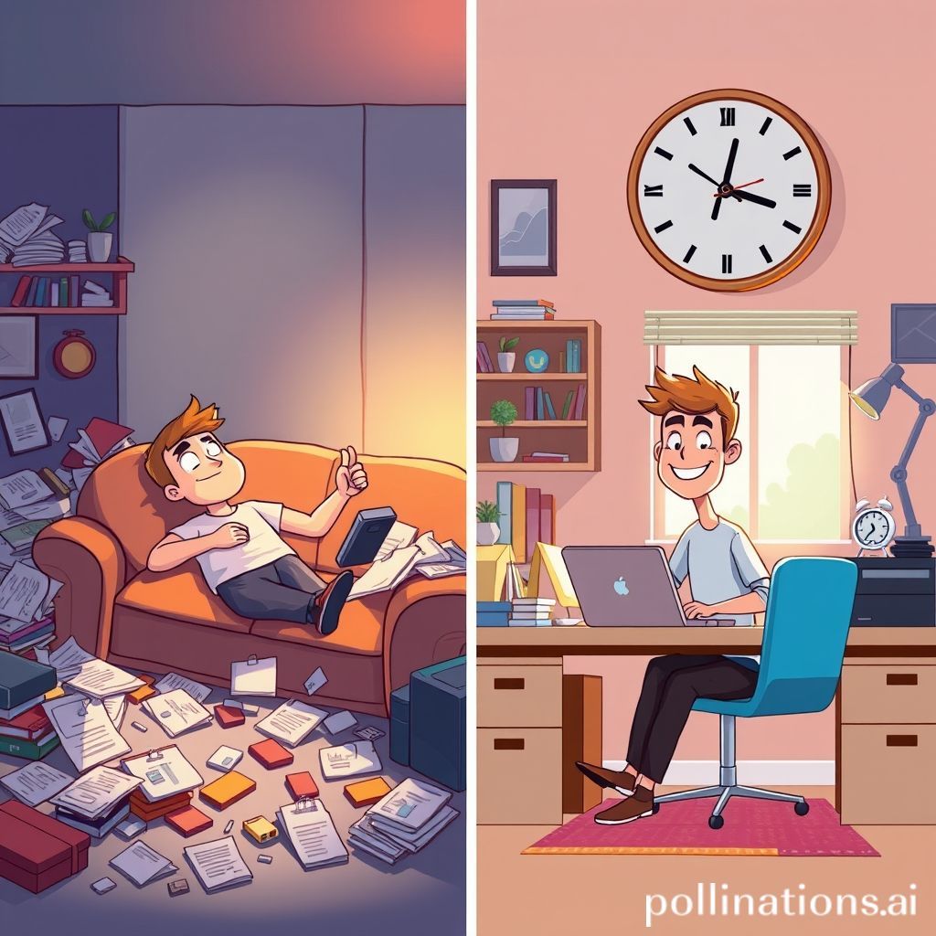 Sebuah ilustrasi kartun yang cerah dan memotivasi. Di sisi kiri, seorang karakter kartun (pria atau wanita) duduk santai di sofa yang berantakan dengan tumpukan dokumen di sekelilingnya, memegang remote TV atau ponsel dengan ekspresi malas. Di sisi kanan, karakter kartun yang sama (atau kembaran) duduk tegak di meja kerja yang rapi dengan senyum puas, fokus pada laptopnya. Ada jam dinding besar menunjukkan waktu dan di mejanya terlihat timer Pomodoro. Cahaya matahari masuk dari jendela di sisi kanan, memberikan kesan energi positif dan produktivitas, sementara sisi kiri terlihat sedikit lebih gelap dan berantakan.