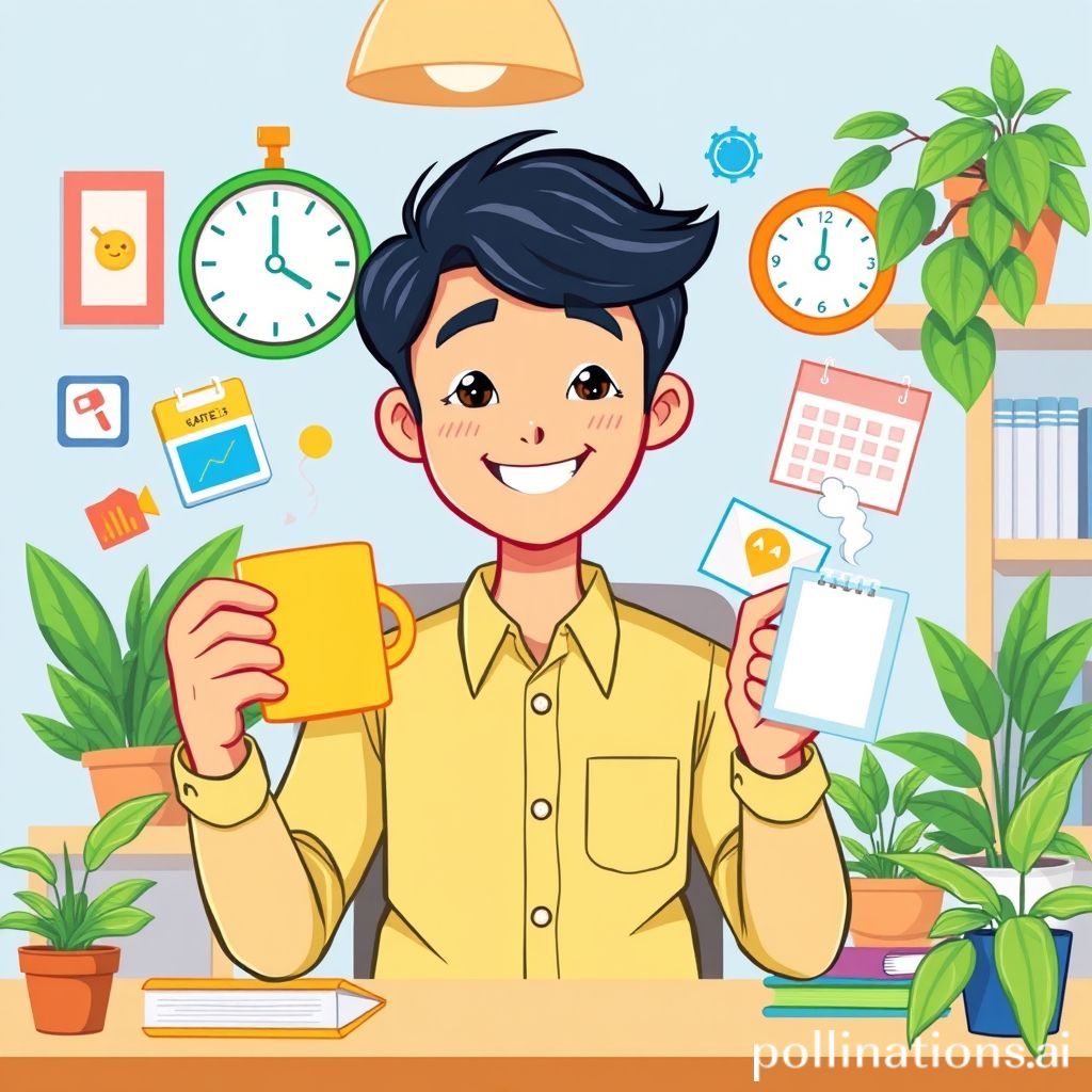 Sebuah ilustrasi kartun yang cerah dan positif. Karakter utama adalah seorang pria atau wanita muda dengan senyum ramah, mengenakan kemeja rapi namun santai. Ia dikelilingi oleh ikon-ikon manajemen waktu seperti jam dinding, kalender, daftar tugas (to-do list), dan sebuah cangkir kopi. Dia terlihat sedang mengatur dan menata ikon-ikon tersebut dengan mudah dan terorganisir, tanpa terlihat terburu-buru. Latar belakangnya adalah kantor yang rapi namun nyaman dengan tanaman hias. Warna-warna dominan adalah biru cerah, hijau, dan kuning, menciptakan kesan produktif dan damai.