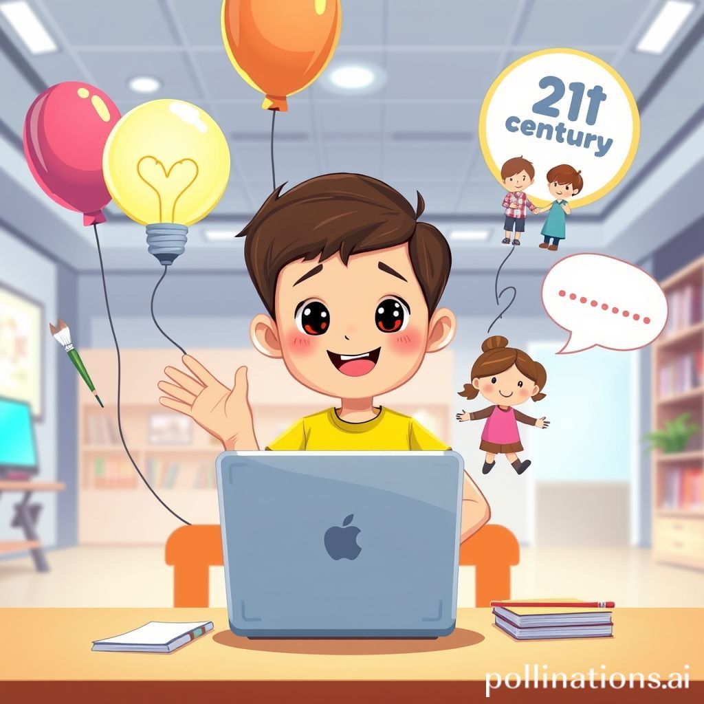 Sebuah ilustrasi kartun yang ceria dan futuristik. Seorang anak laki-laki atau perempuan (sekitar 8-10 tahun) sedang duduk di meja belajar dengan laptop atau tablet di depannya. Di sekelilingnya, terdapat balon-balon atau ikon-ikon yang menggambarkan keterampilan abad 21 seperti bola lampu menyala (berpikir kritis), kuas dan palet warna (kreativitas), dua anak berpegangan tangan (kolaborasi), dan gelembung percakapan (komunikasi). Latar belakang adalah ruang belajar yang modern dan cerah, dengan sentuhan teknologi ringan. Gaya seni yang ramah anak, warna-warni, dan optimis.