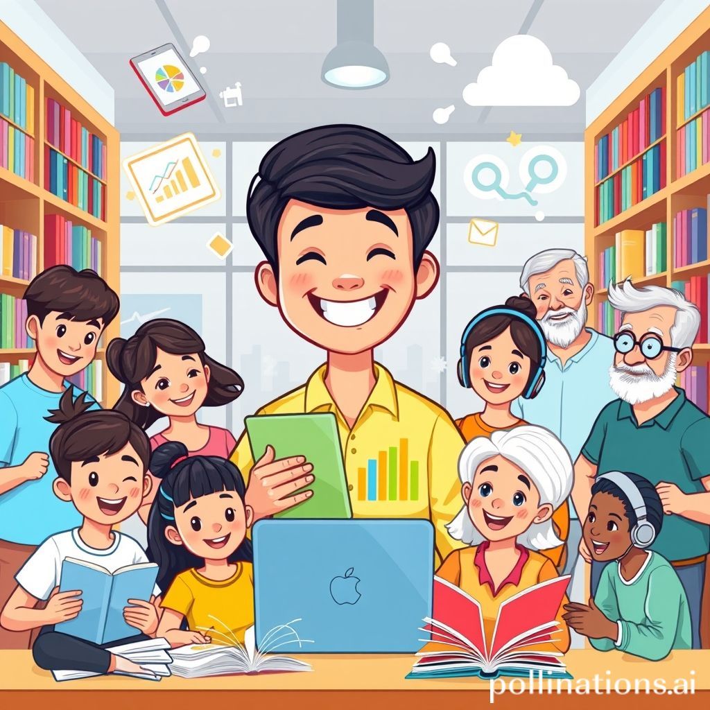 Sebuah ilustrasi kartun yang ceria dan penuh warna. Di tengah gambar, ada seorang guru yang ramah (mungkin memegang buku atau tablet) tersenyum. Di sekelilingnya, ada berbagai karakter kartun dengan usia dan latar belakang yang berbeda (remaja, dewasa muda, hingga lansia), masing-masing sibuk dengan aktivitas belajar yang berbeda: satu membaca buku fisik, satu lagi melihat laptop dengan grafik kode, seorang lagi mendengarkan headphone sambil tersenyum, dan satu lagi berdiskusi aktif dengan kelompok kecil. Ada elemen-elemen teknologi seperti tablet mengambang, ikon awan untuk data, dan simbol buku terbuka. Latar belakang menunjukkan perpaduan antara perpustakaan modern dan elemen digital yang saling terhubung, melambangkan pembelajaran yang fleksibel dan berkelanjutan. Warna cerah dan suasana positif.