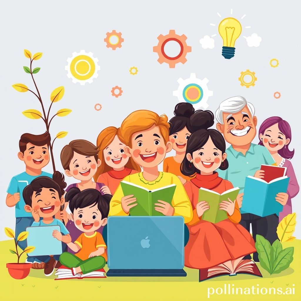 Sebuah ilustrasi kartun yang ceria dan penuh warna. Terlihat beberapa orang dari berbagai usia (muda hingga senior) sedang berinteraksi dengan buku, laptop, tablet, dan sumber belajar lainnya. Mereka digambarkan sedang tersenyum dan antusias. Latar belakang menunjukkan elemen-elemen pertumbuhan seperti pohon kecil yang bertunas, roda gigi yang berputar sebagai simbol kemajuan, dan beberapa gelembung pikiran berisi ide-ide cemerlang (bola lampu). Nuansa keseluruhan adalah optimisme dan keceriaan dalam proses belajar yang berkelanjutan, dengan warna-warna cerah dan gaya visual yang ramah.