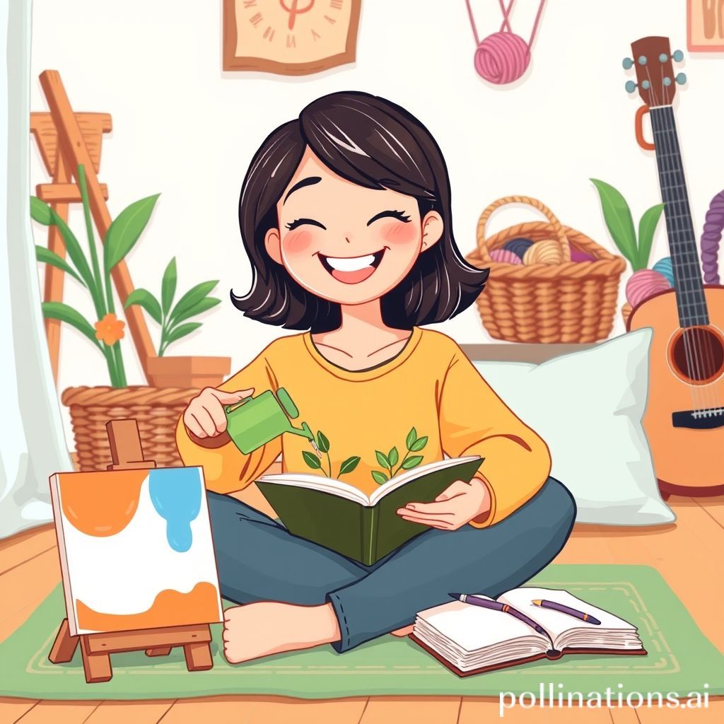 Sebuah ilustrasi kartun yang ceria menampilkan seorang wanita dewasa muda yang tersenyum lebar dan penuh kebahagiaan. Ia duduk di lantai rumahnya yang nyaman, dikelilingi oleh berbagai aktivitas hobi: di depannya ada sebuah kanvas kecil dengan lukisan setengah jadi dan kuas, di sampingnya ada tanaman pot mungil yang sedang ia siram dengan hati-hati, di pangkuannya ada sebuah buku terbuka dan pena untuk menulis jurnal, dan di latar belakang terlihat keranjang berisi benang rajut serta sebuah gitar akustik kecil. Warna-warna cerah dan suasana hangat rumah.