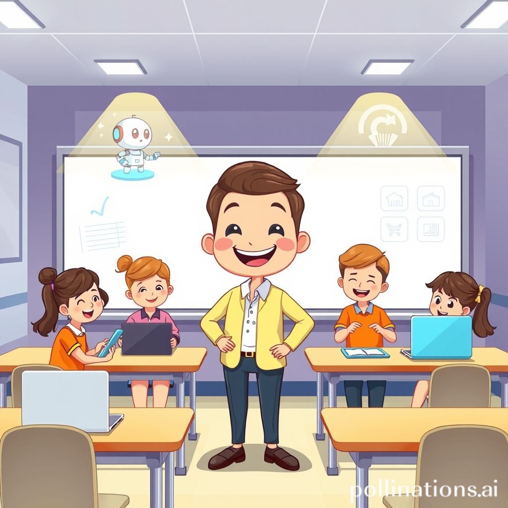 Sebuah ilustrasi kartun yang ceria menunjukkan seorang guru ramah dengan senyum lebar berdiri di depan papan tulis digital interaktif. Di sekitar guru, beberapa siswa dengan ekspresi antusias duduk di meja modern, masing-masing menggunakan tablet atau laptop. Latar belakang kelas menunjukkan elemen teknologi yang menyenangkan seperti robot kecil yang sedang belajar atau proyektor hologram, melambangkan masa depan pendidikan yang cerah. Warna-warna cerah dan suasana optimis mendominasi gambar.