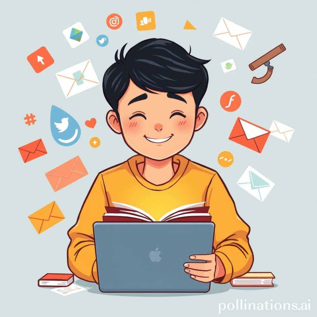 Sebuah ilustrasi kartun yang lucu dan ramah. Karakter utama adalah seorang pria atau wanita muda yang tersenyum optimis, dikelilingi oleh berbagai ikon aplikasi digital (media sosial, email, game) yang berputar-putar di sekitarnya seperti satelit, namun ia terlihat tenang dan fokus pada satu buku atau laptop yang terbuka di depannya. Ada jam pasir digital kecil di sampingnya. Gaya visualnya cerah dan modern, menunjukkan keseimbangan antara dunia digital dan fokus pribadi.