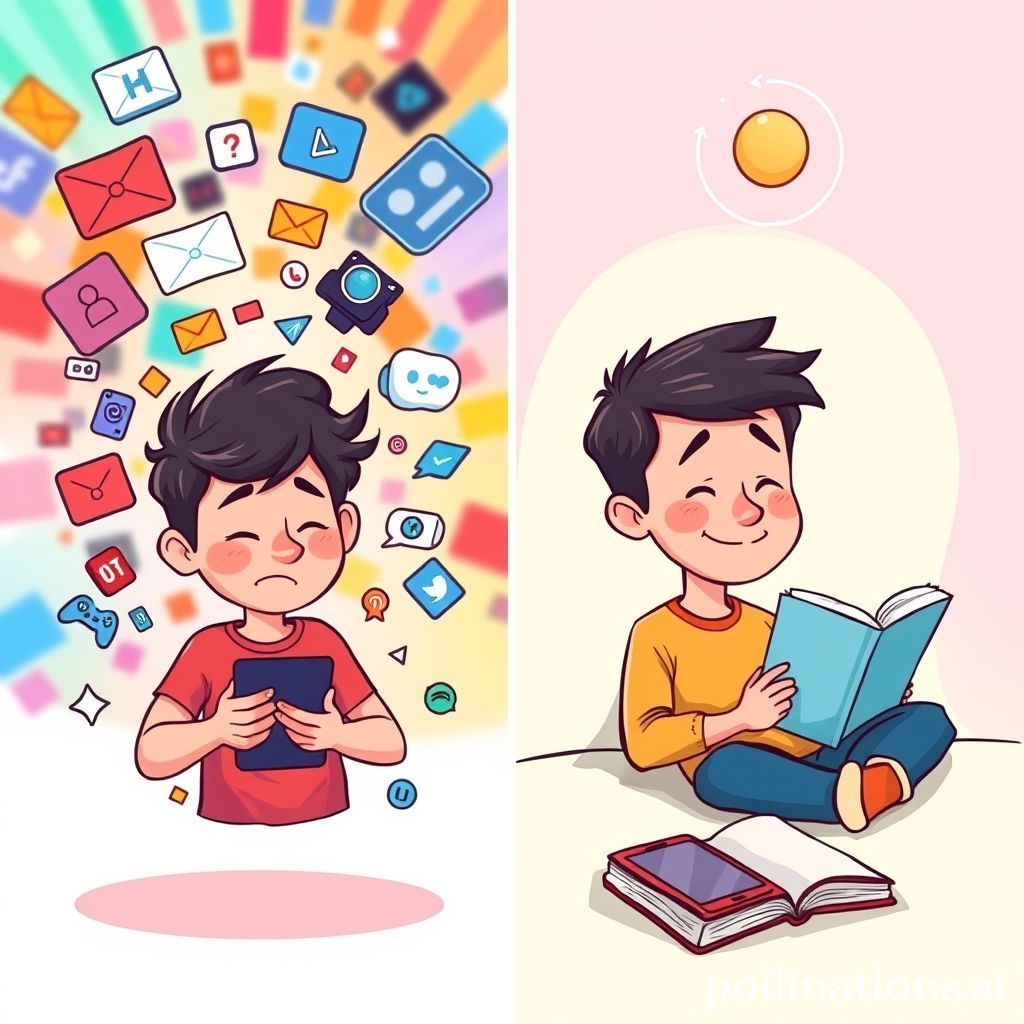 Sebuah ilustrasi kartun yang lucu dan relatable. Di sisi kiri, ada seorang karakter yang tenggelam dalam smartphone-nya, dikelilingi oleh gelembung notifikasi media sosial, email, dan game, dengan ekspresi sedikit stres atau kewalahan. Di sisi kanan, karakter yang sama, namun kini tersenyum tenang sambil membaca buku atau melakukan hobi offline, dengan smartphone-nya tergeletak di samping dalam mode 