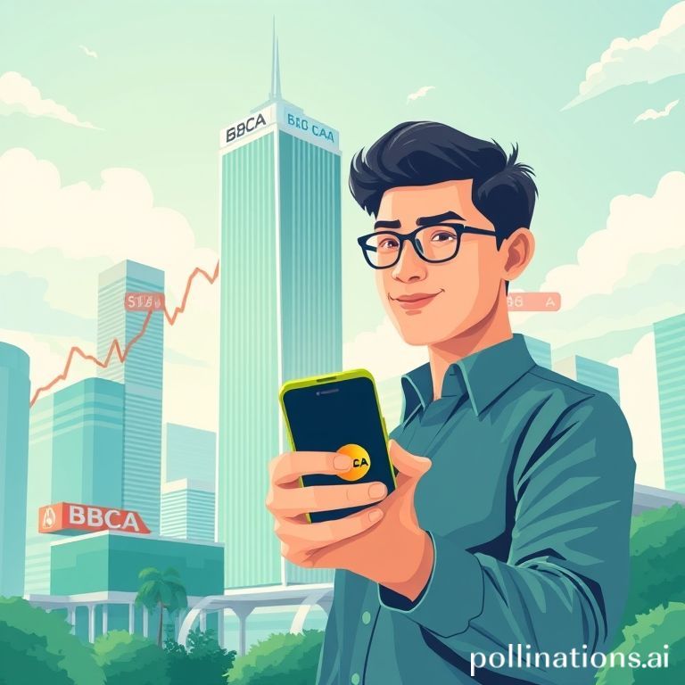 Sebuah ilustrasi modern dan dinamis. Tampilkan grafik saham yang naik dengan latar belakang perkotaan yang sibuk dan menara kantor bank yang megah. Di depan, terlihat tangan generasi Z sedang memegang smartphone dengan aplikasi trading saham yang menampilkan logo BBCA. Nuansa warna biru dan hijau dominan, menunjukkan pertumbuhan dan teknologi. Gaya ilustrasi bisa semi-realistis atau flat design yang kekinian.