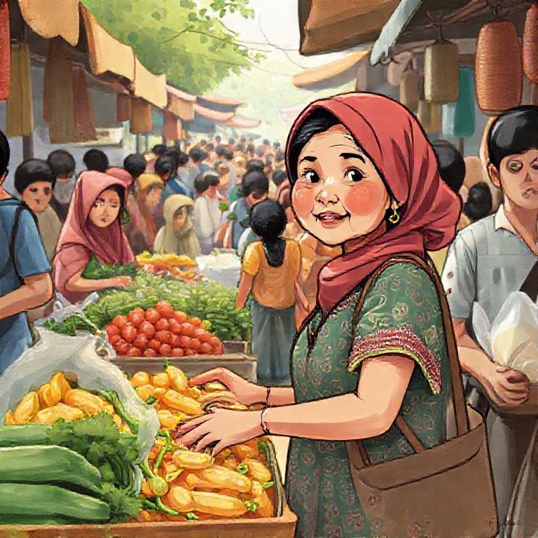 Sebuah ilustrasi realistis pasar tradisional Indonesia yang ramai, dengan seorang ibu-ibu sedang menawar harga di depan tumpukan sayuran segar. Latar belakang menunjukkan beberapa pedagang lain dan karung beras. Ekspresi wajah ibu tersebut menunjukkan sedikit kekhawatiran atau keheranan melihat harga. Warna cerah dan detail yang jelas.