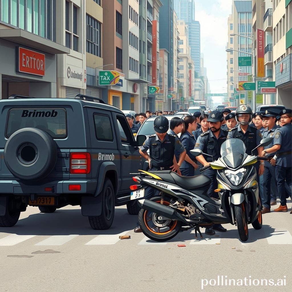 Sebuah ilustrasi realistis yang menggambarkan adegan kecelakaan lalu lintas di jalan perkotaan yang ramai. Sebuah kendaraan taktis (rantis) berwarna gelap dengan lambang Brimob terlihat berdekatan dengan sebuah sepeda motor ojek online (ojol) yang sedikit rusak. Beberapa petugas polisi dengan seragam lengkap sedang aktif mengelola situasi, mungkin sedang memberikan bantuan kepada korban atau mengumpulkan data di lokasi kejadian. Di latar belakang, terlihat ekspresi kekhawatiran dari beberapa warga masyarakat yang menyaksikan. Suasana siang hari dengan pencahayaan alami, menunjukkan elemen-elemen bangunan kota dan lalu lintas yang berjalan. Fokus pada penanganan yang profesional dan transparan.