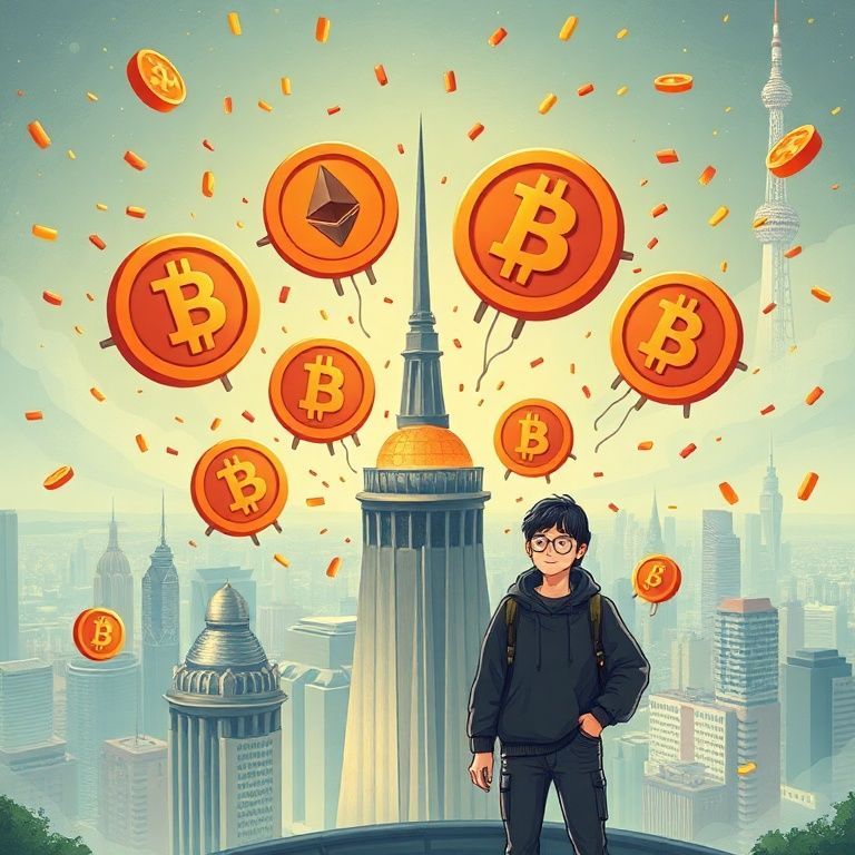 Sebuah ilustrasi yang playful dan modern, menampilkan gelembung-gelembung sabun raksasa berbentuk koin crypto (Bitcoin, Ethereum, dll) mengambang di atas kota futuristik yang cerah. Beberapa gelembung mulai menunjukkan retakan atau sedikit meletus, dengan confetti koin crypto bertebaran. Di latar depan, siluet anak muda Gen Z (pria dan wanita) dengan gaya streetwear sedang melihat ke arah gelembung-gelembung tersebut, ada yang tampak kagum tapi ada juga yang ekspresinya sedikit khawatir. Warna-warna cerah mendominasi untuk menunjukkan keglamoran crypto, namun ada sentuhan ketidakpastian dari gelembung yang rapuh.