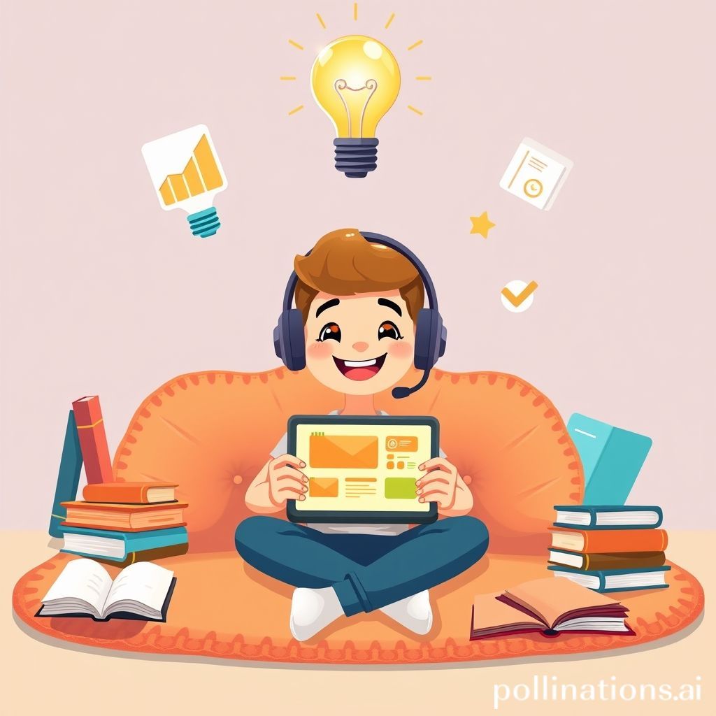 Sebuah kartun cerah dan ramah yang menggambarkan seorang karakter (bisa pria atau wanita, usia dewasa muda) duduk santai di karpet, dikelilingi oleh buku-buku, tablet yang menampilkan kursus online, dan headset. Di atas kepalanya ada bola lampu besar yang menyala terang, dikelilingi oleh beberapa ikon kecil seperti grafik naik, buku terbuka, dan tanda centang, melambangkan ide, pengetahuan, dan kemajuan. Ekspresinya bahagia dan penuh rasa ingin tahu. Gaya kartun yang bersih, modern, dan sedikit abstrak.