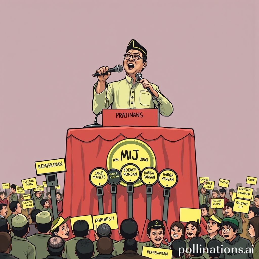 Sebuah kartun satire menampilkan seorang politisi (mirip Prabowo) sedang berpidato di podium yang megah. Alih-alih memegang palu atau mikrofon, tangannya memegang sebuah kunci raksasa yang tampak usang dan berkarat, bertuliskan 