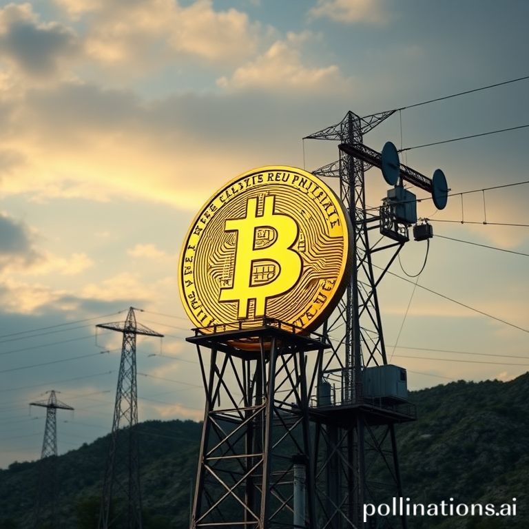 Koin Bitcoin emas di tengah rig penambangan dan jalur transmisi, mewakili perdebatan energi dan ESG di ranah kripto.