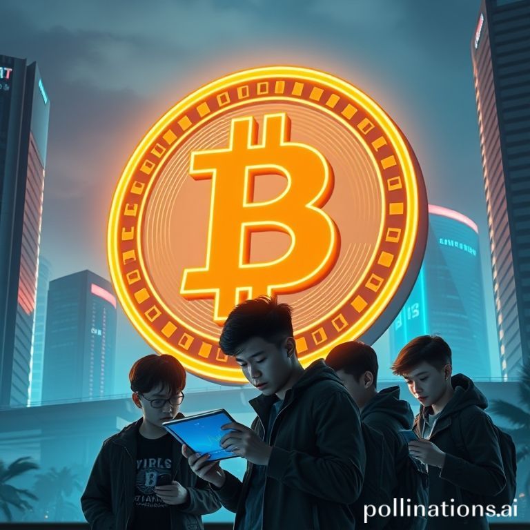 Sebuah representasi futuristik dari logo Bitcoin yang menyala di tengah lanskap kota yang modern dan dipenuhi gedung pencakar langit. Di latar depan, terlihat siluet beberapa anak muda (Gen Z) yang sedang melihat layar ponsel atau tablet mereka dengan ekspresi tertarik, seolah sedang memantau pergerakan harga Bitcoin. Nuansa warna biru-hijau neon mendominasi, memberikan kesan teknologi tinggi dan kemajuan.
