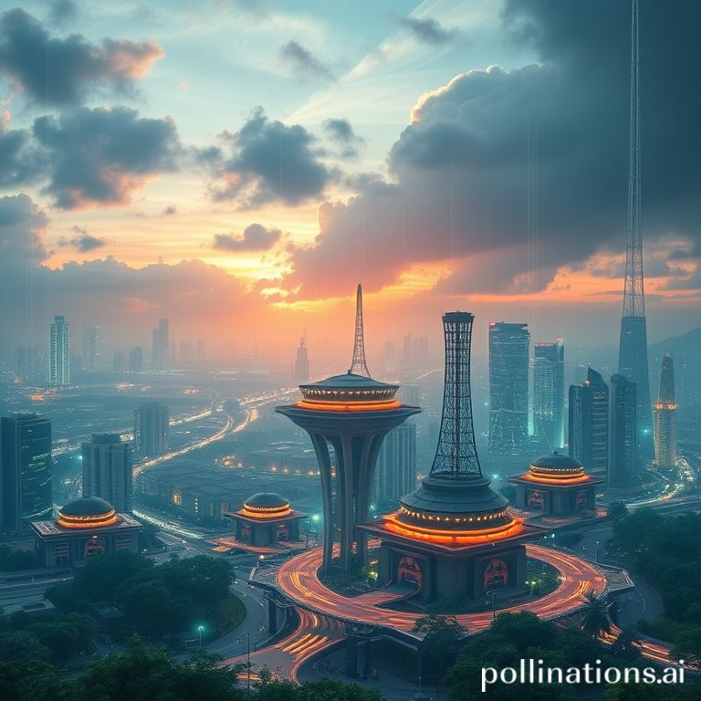 Sebuah representasi visual AI dan teknologi digital dalam lingkungan virtual, menampilkan konektivitas jaringan global dan data.