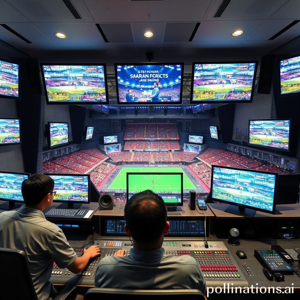 Sebuah ruang kontrol siaran langsung yang modern dan ramai, dengan banyak monitor menampilkan berbagai sudut pandang event yang sedang berlangsung. Terlihat beberapa kru teknis fokus mengoperasikan peralatan seperti mixer video dan audio, komputer, dan panel kontrol. Latar belakang menunjukkan sedikit siluet panggung konser atau arena olahraga yang sedang disiarkan. Pencahayaan profesional, suasana dinamis dan berteknologi tinggi.