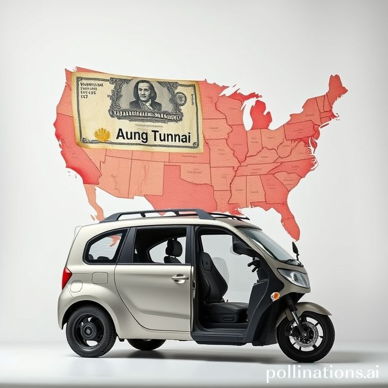 Topi wisuda di atas tumpukan uang dan mobil mainan mendaki koin, melambangkan pengelolaan pinjaman pendidikan dan otomotif di AS.