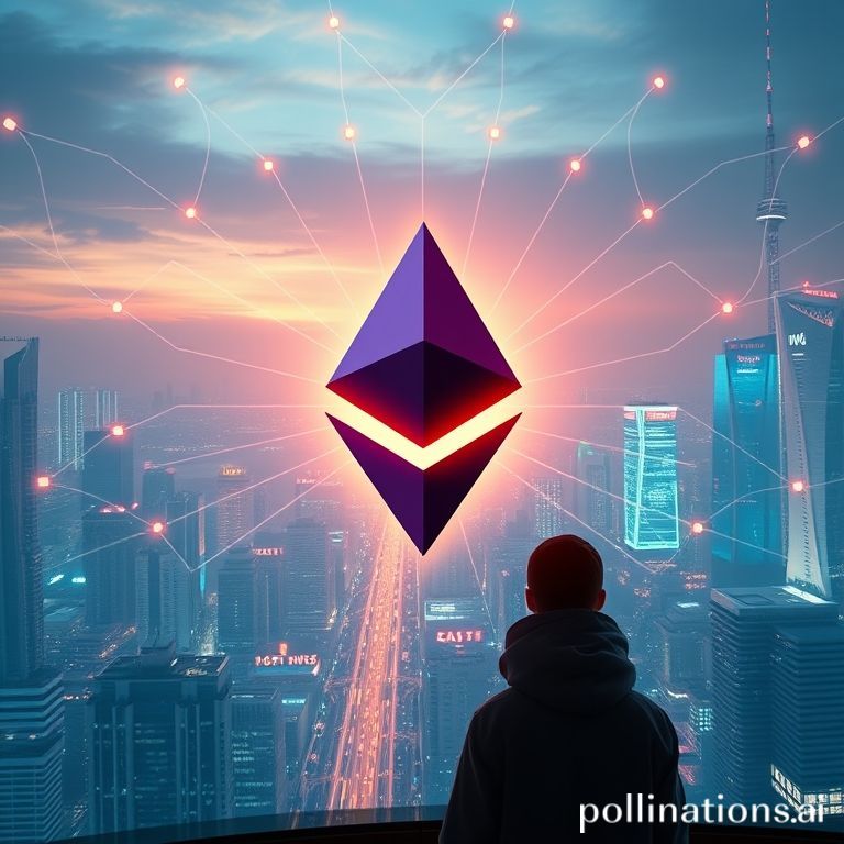 Sebuah visual futuristik dengan elemen-elemen kripto: logo Ethereum yang bersinar di tengah jaringan digital kompleks yang memancarkan cahaya ke berbagai arah, menunjukkan konektivitas DeFi, NFT, dan Layer 2. Latar belakang menunjukkan kota metropolitan di masa depan dengan sentuhan teknologi canggih. Gaya visualnya modern, bersih, dengan neon-glow, dan vibes Gen Z yang keren. Ada orang-orang siluet yang tampak berinteraksi dengan teknologi augmented reality atau metaverse.